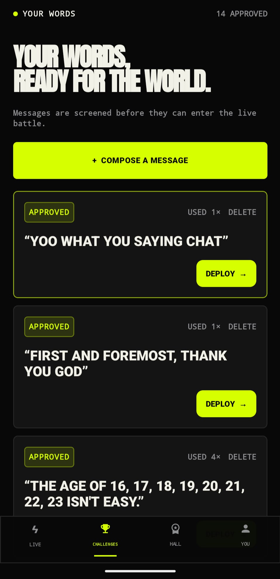 Real ONE approved-message library inside an Android phone mockup